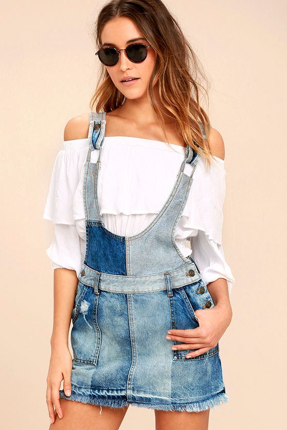 Free People Patchwork Blues Blue Denim Pinafore Dress 1