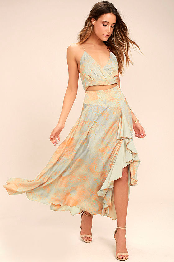 Free People Gardenia Blue and Orange Print Two-Piece Maxi Dress 1