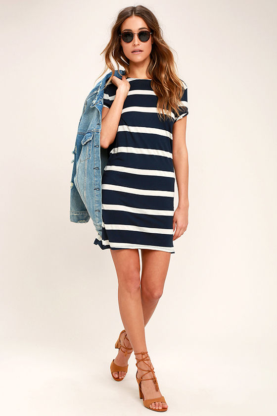 Billabong Sunset View - Navy Blue Striped Dress - Shirt Dress - Shift ...