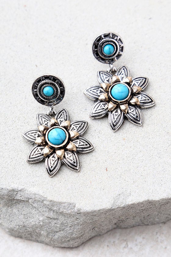 Flower of Life Turquoise and Silver Earrings