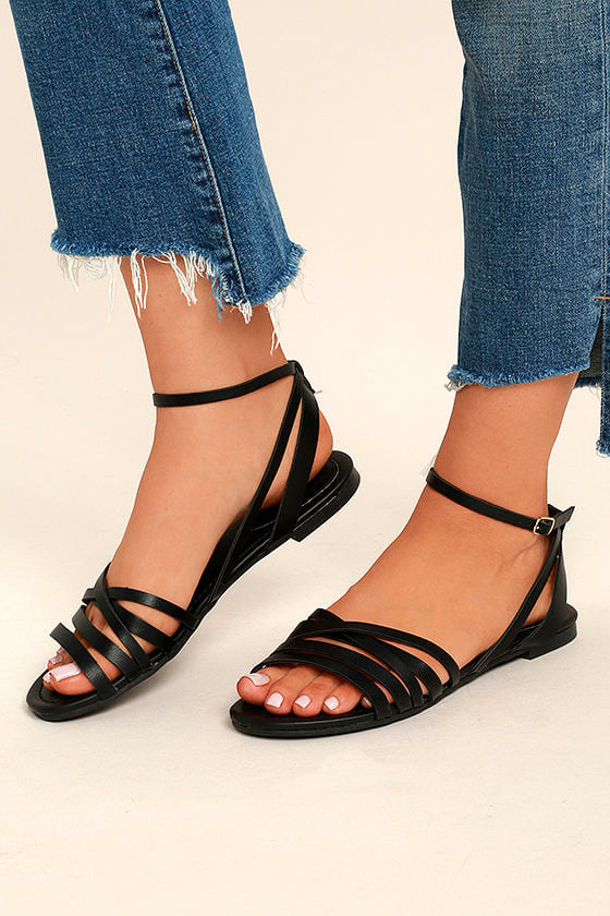 Cute Black Ankle Strap Heels - Black Flat Sandals - Strappy Black ...