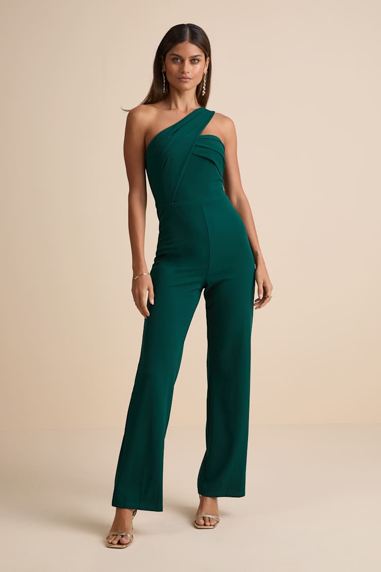 Devoted to Fun Hunter Green One-Shoulder Sleeveless Jumpsuit