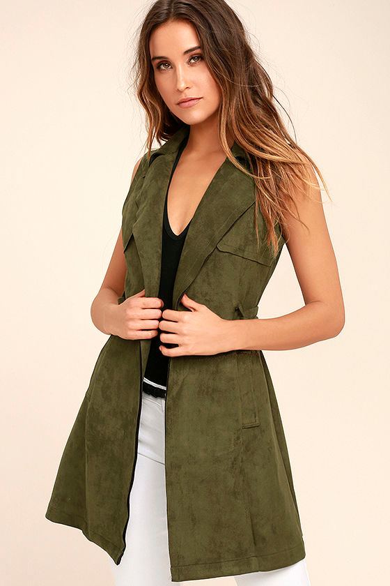 Cozy Olive Green Vegan Suede Vest Sleeveless Belted Vest Lulus