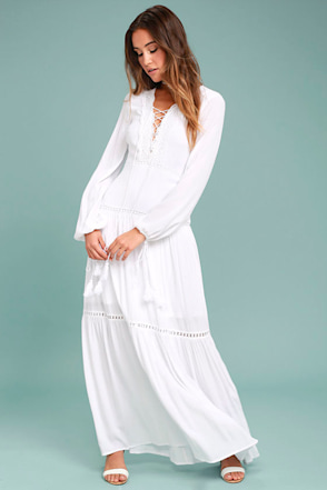 knee length dresses for ladies Wedtrend Women Elegant White Graduation Dress with Lace A Line Long Sleeves Boho Maxi Dress, White / XL main image 1