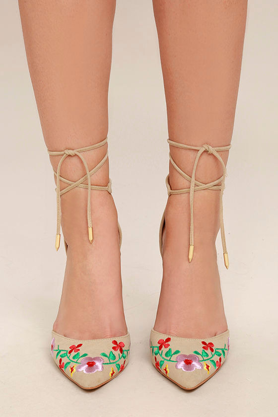 Cassia Nude Embroidered Lace-Up Heels 2