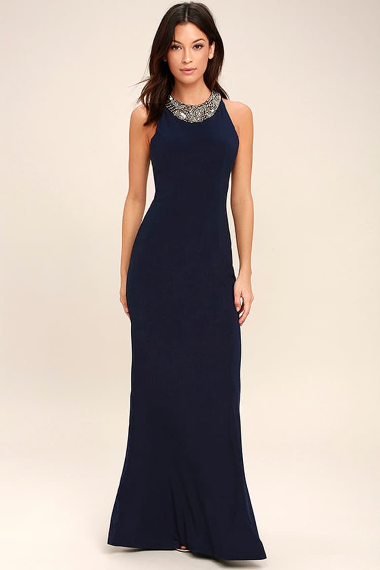 Lovely Navy Blue Maxi Dress - Beaded Dress - Bodycon Maxi Dress - $98.00 -  Lulus
