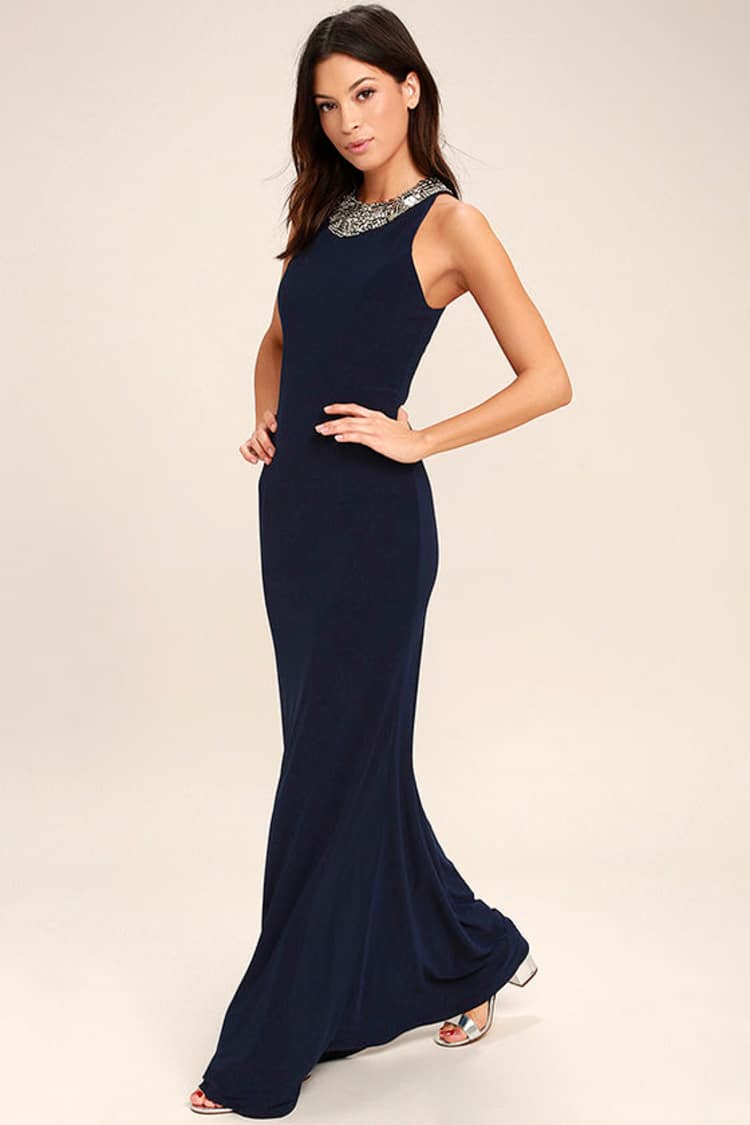 navy beaded maxi dress Navy Beaded Long Sleeve High Neck A-Line Gown