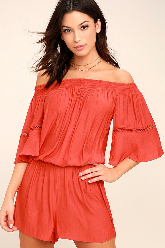 Off-the-Shoulder Coral Red Romper - Embroidered Romper - Short Sleeve ...