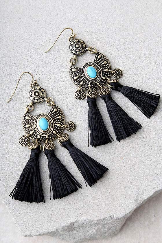 Boho Gold and Black Earrings Tassel Earrings Engraved Earrings 18.00