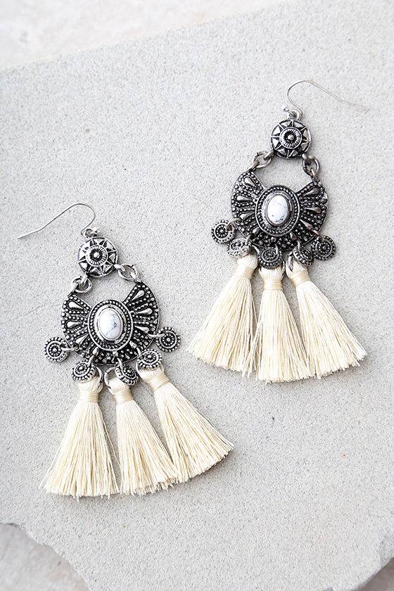Boho Silver and Cream Earrings Tassel Earrings Engraved Earrings
