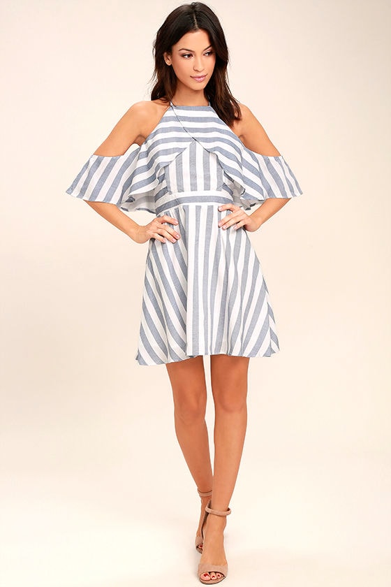 blue and white striped off the shoulder dress