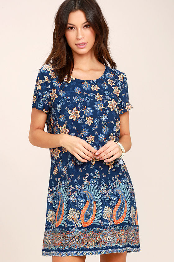 Boho Navy Blue Dress Floral Print Dress Shift Dress 48.00 Lulus