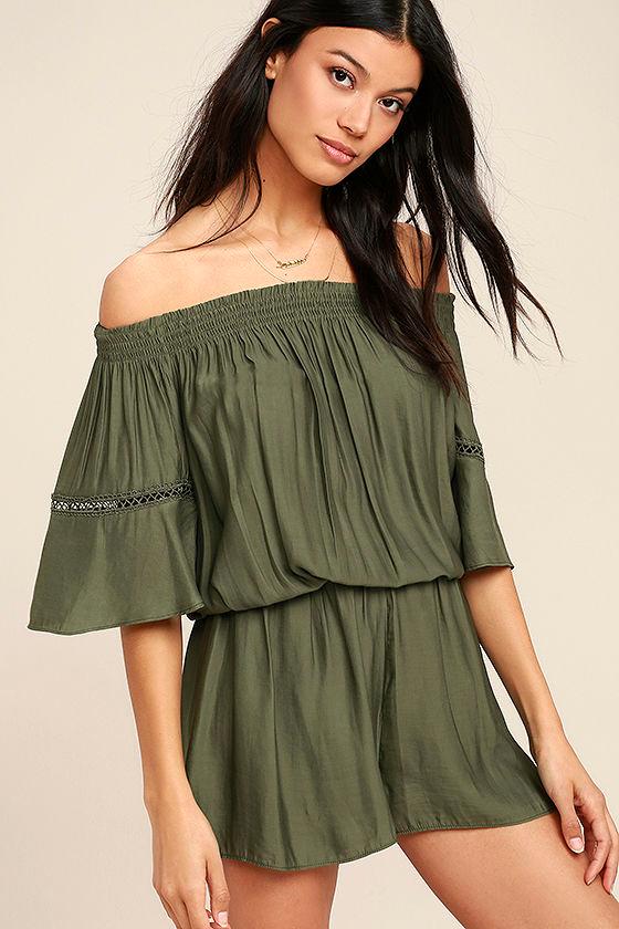 With Feeling Olive Green Off-the-Shoulder Romper 1