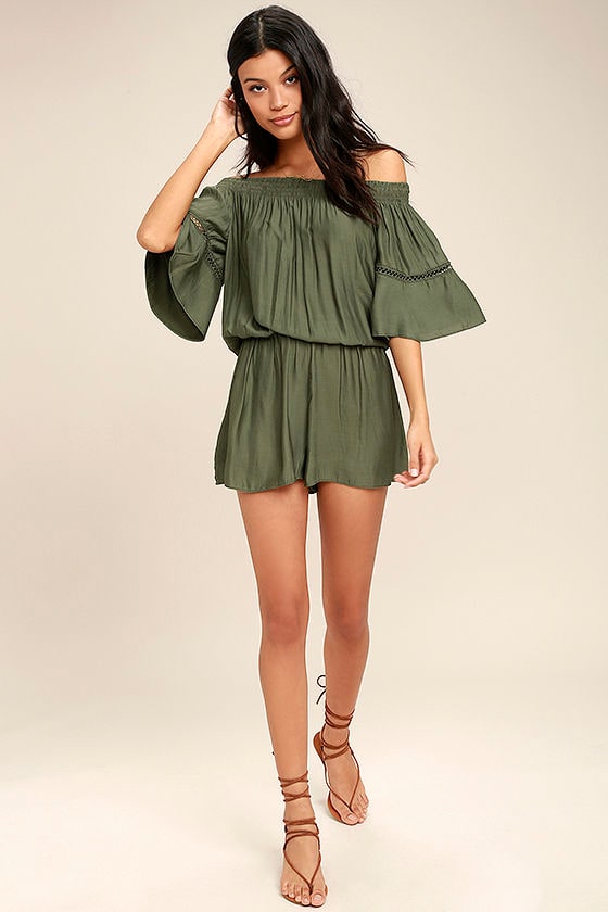 With Feeling Olive Green Off-the-Shoulder Romper 2