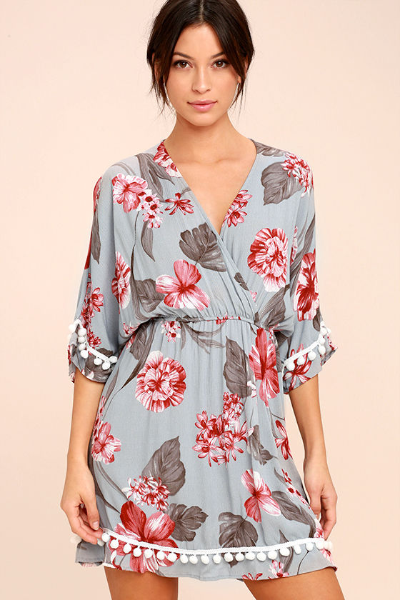 Pom Reader Blue Grey Floral Print Dress 1
