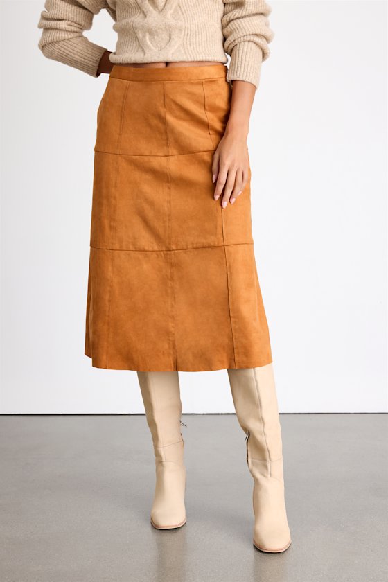 Amore Rust Brown Suede High-Rise Midi Skirt 3
