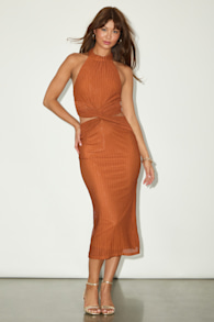 Poised Attitude Rust Orange Halter Cutout Twist-Front Midi Dress 1