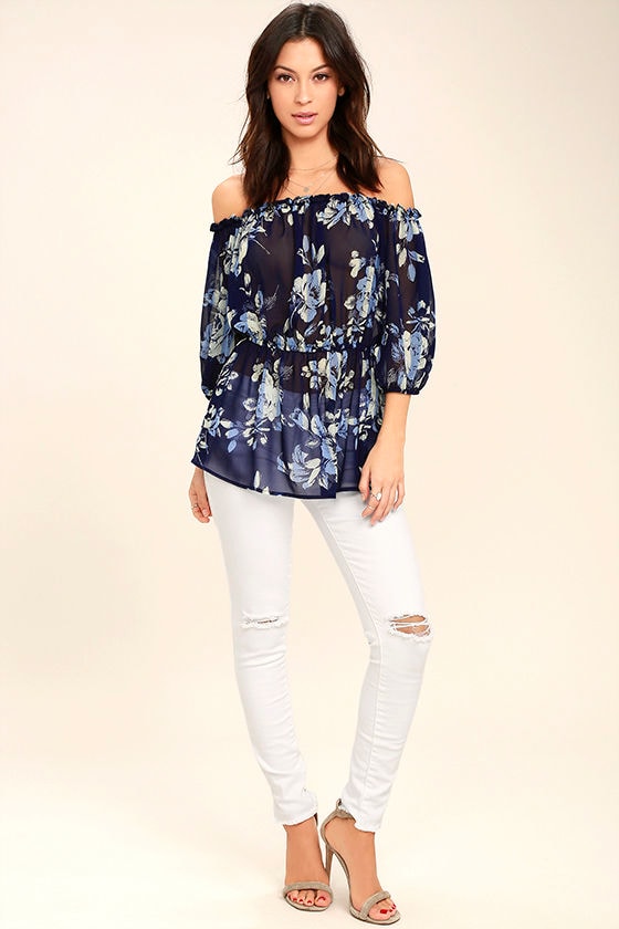 Sunny Honey Navy Blue Floral Print Off-the-Shoulder Top 2