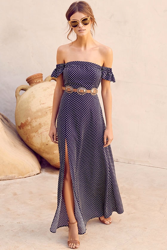 Dream Love Navy Blue Polka Dot Off-the-Shoulder Maxi Dress - Lulus