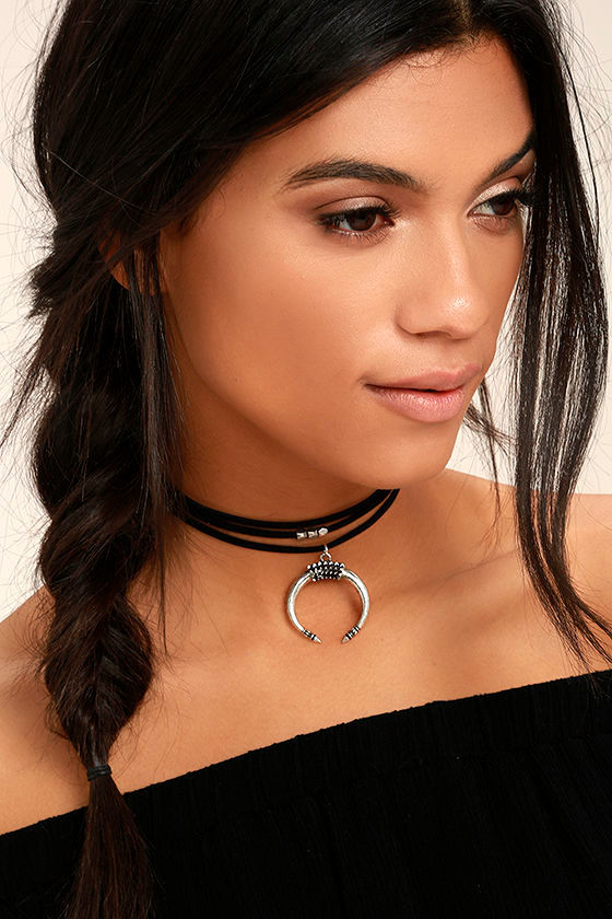 Boho Silver and Black Choker - Vegan Suede Choker - Crescent Choker ...