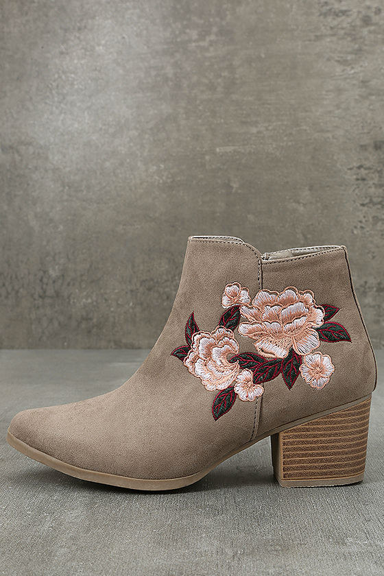 Feronia Taupe Suede Embroidered Ankle Booties 1