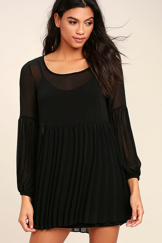 Cute Black Dress - Pleated Dress - Long Sleeve Dress - Babydoll Dress ...