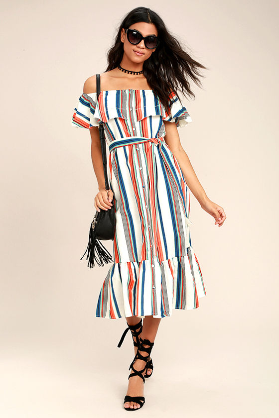 Moon River Delight Ivory Striped Off-the-Shoulder Midi Dress 1