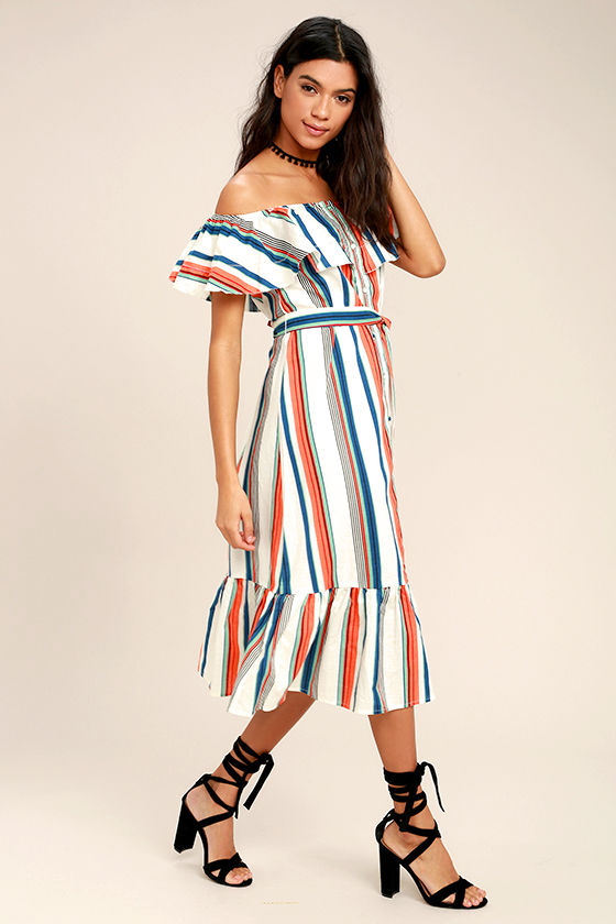 Moon River Delight Ivory Striped Off-the-Shoulder Midi Dress 2