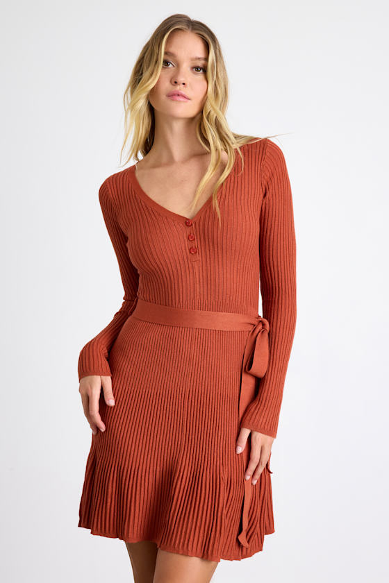 Image of Cozy Poise Rust Orange Henley Long Sleeve Mini Sweater Dress