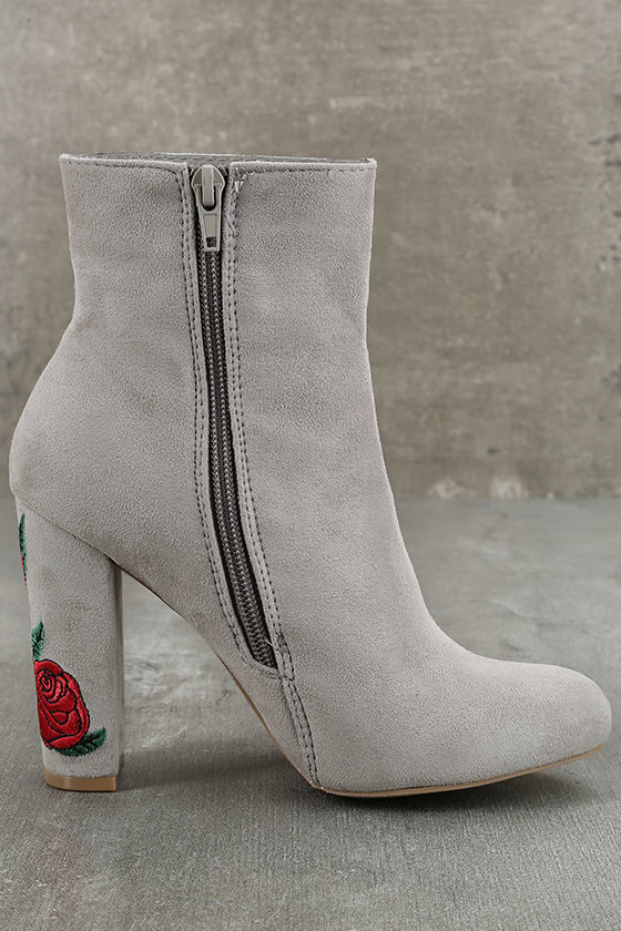 Gitana Light Grey Suede Embroidered Mid-Calf Boots