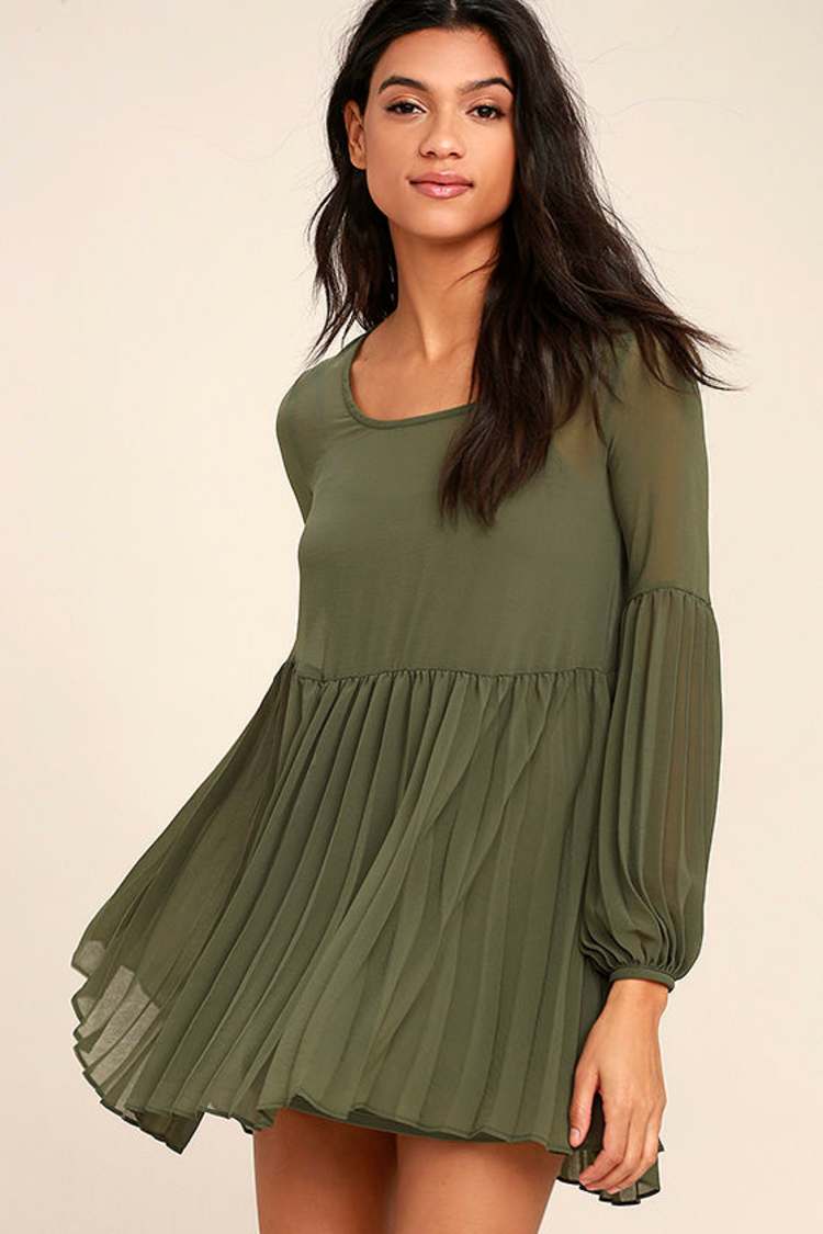 Cute Olive Green Dress - Pleated Dress - Long Sleeve Dress - Babydoll Dress  - $65.00 - Lulus