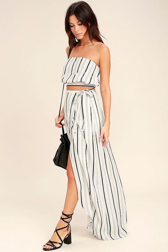 Vacay Bae Black and White Striped Wrap Maxi Skirt 1