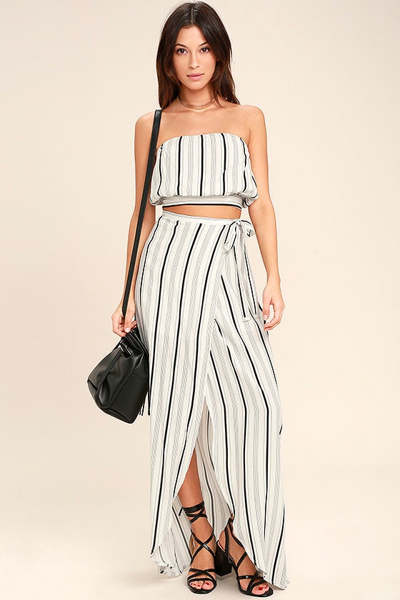 Vacay Bae Black and White Striped Wrap Maxi Skirt 2