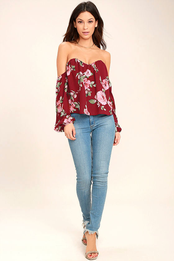 In Your Arms Wine Red Floral Print Off-the-Shoulder Top 2