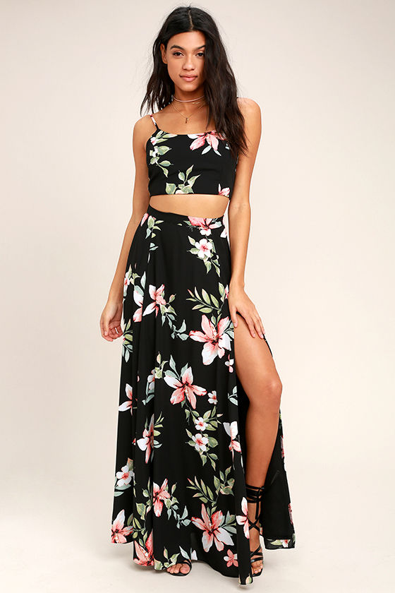 Lovely Black Dress - Floral Print Dress - Two-Piece Dress - Maxi Dress ...