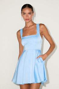 Admirably Chic Light Blue Satin Lace-Up Mini Dress with Pockets 1