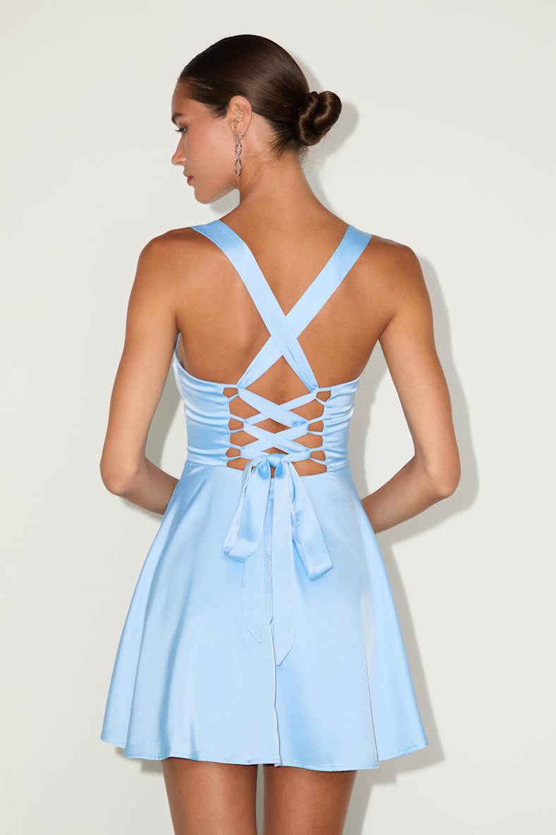 Admirably Chic Light Blue Satin Lace-Up Mini Dress with Pockets