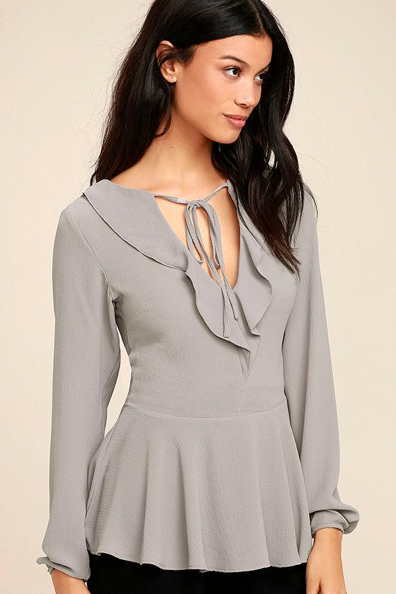 Chic Grey Long Sleeve Top Tie Neck Top Long Sleeve Peplum Top 44