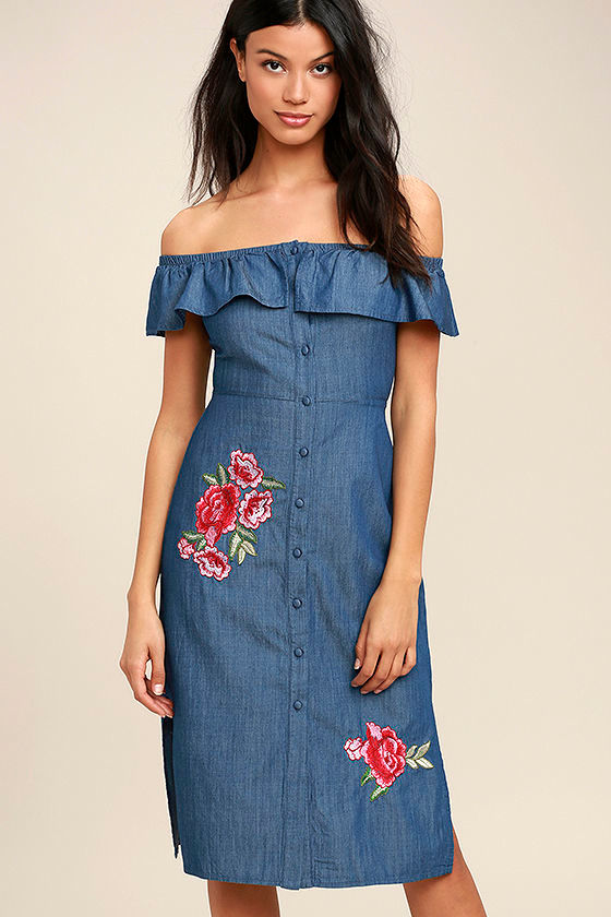 The Wander I Want Blue Chambray Embroidered Midi Dress