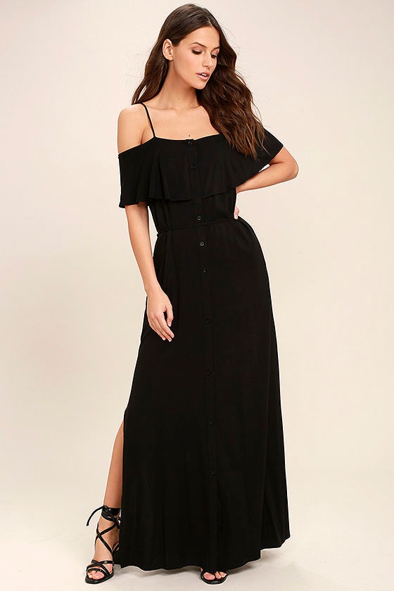 off the shoulder black maxi dress