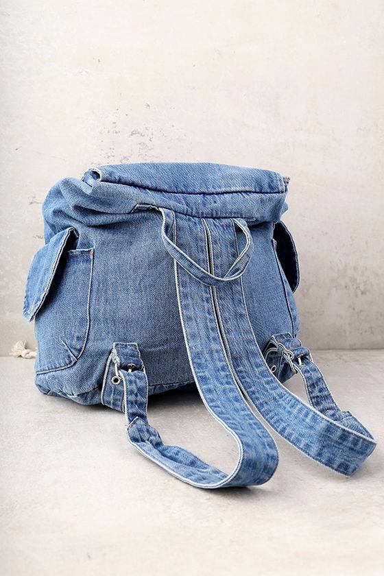 Cute Blue Denim Backpack - Drawstring Backpack - Mini