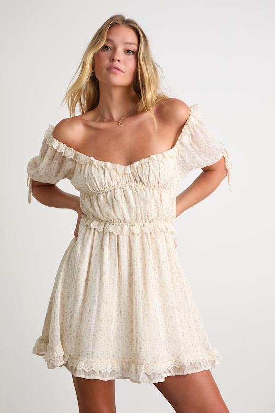 Ivory Floral Lace Dress - Ruffled Puff Sleeve Dress - Mini