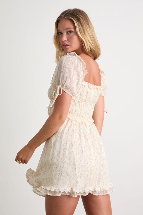 Adoring Moment Ivory Floral Lace Ruffled Puff Sleeve Mini Dress