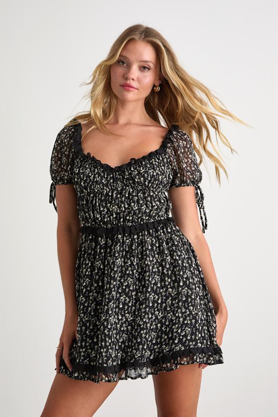 Black Floral Lace Dress - Ruffled Puff Sleeve Dress - Mini