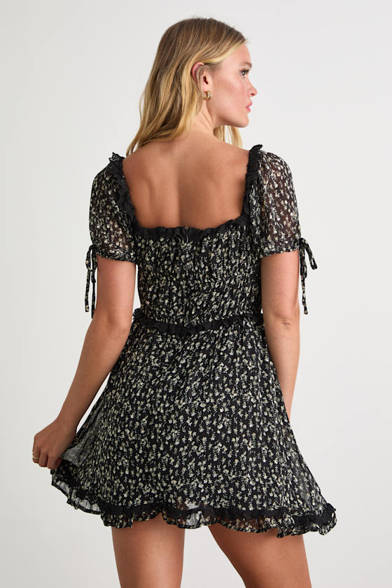 Adoring Moment Black Floral Lace Ruffled Puff Sleeve Mini Dress 3
