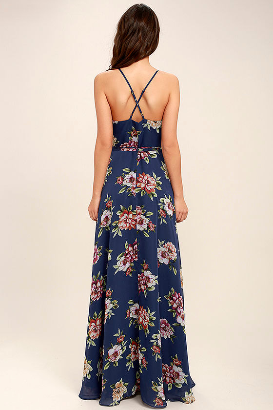 Lovely Navy Blue Floral Print Dress - Maxi Dress - Wrap Dress - $98.00