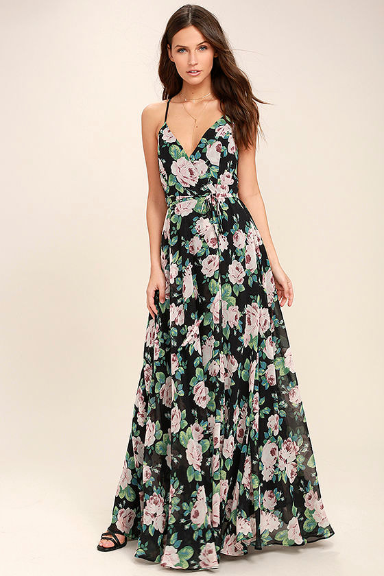 Lovely Black Floral Print Dress - Black Wrap Maxi Dress