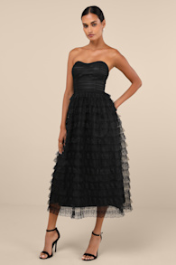 Immensely Exquisite Black Tulle Strapless Tiered Midi Dress 2