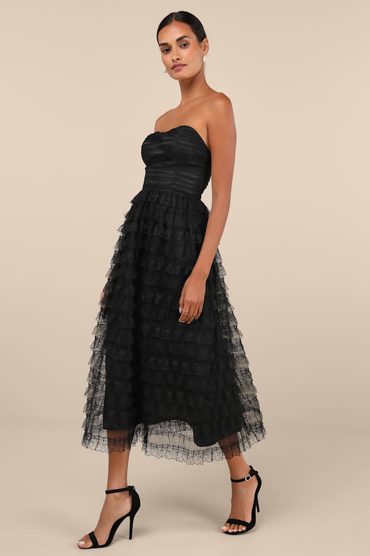 Immensely Exquisite Black Tulle Strapless Tiered Midi Dress