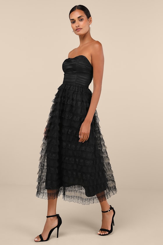 Immensely Exquisite Black Tulle Strapless Tiered Midi Dress 4